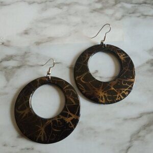 Vintage Black & Gold Abstract Hoop Earrings Bold Retro Statement Dangles